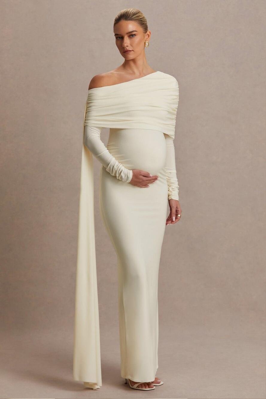 Club L London Cyra Dress Womens 12 White Maternity Maxi One Shoulder Sash